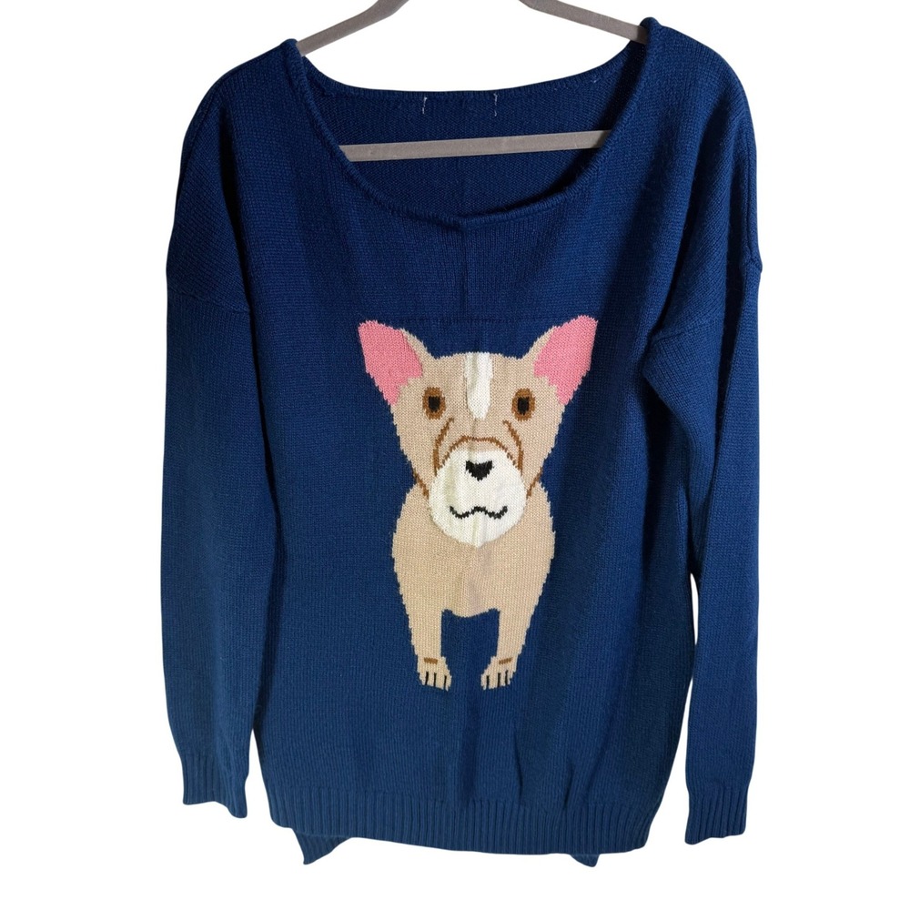 Love By Design Blue French Bulldog Graphic Knit Scoop Neck Sweater SZ M ESTIMATE